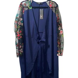 New Agnes Orinda Floral Embroidered blue Open Front Tie Cover Up Dress Top Sz 2X